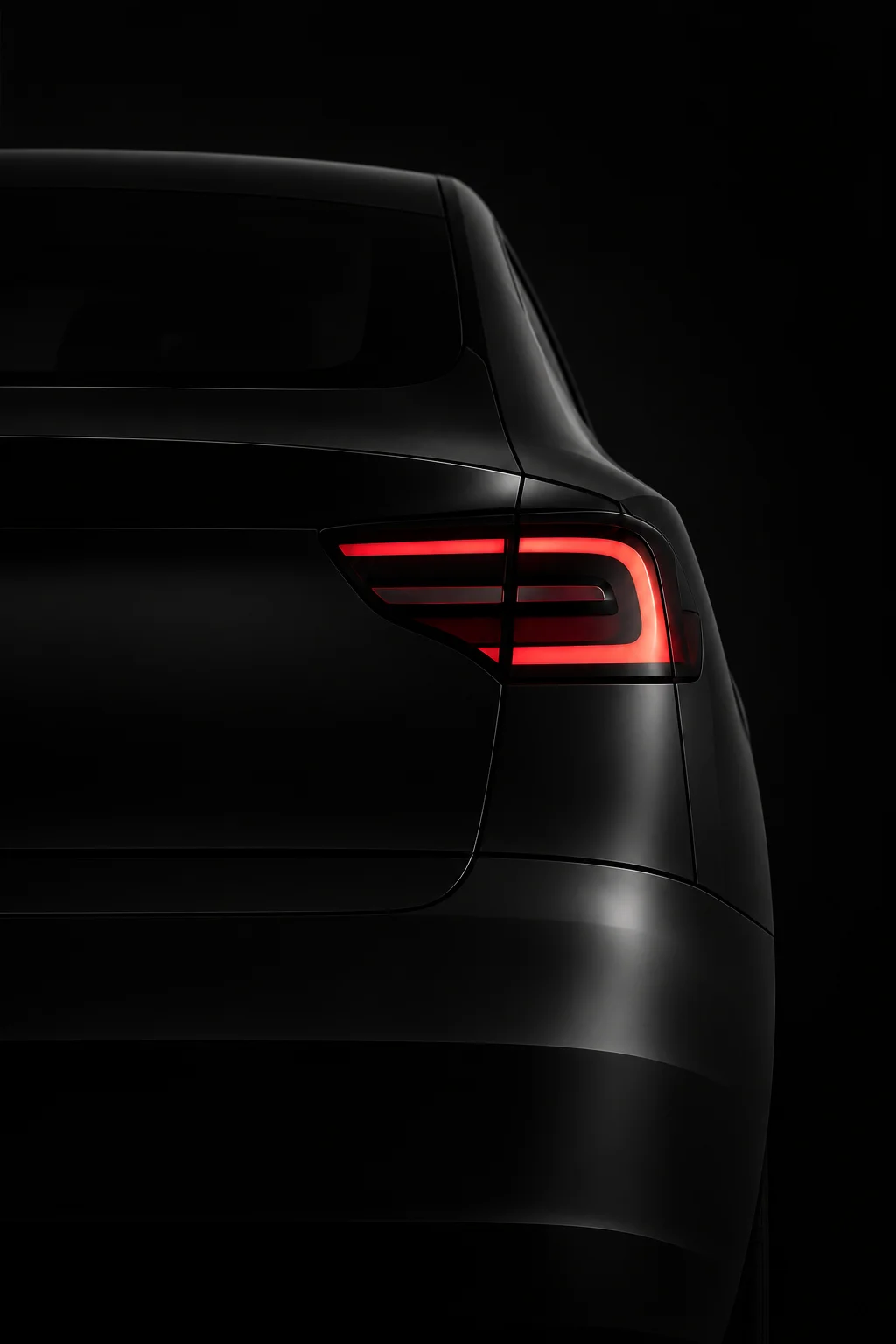 Rear view of a dark electric vehicle, showing the trunk and illuminated red taillight